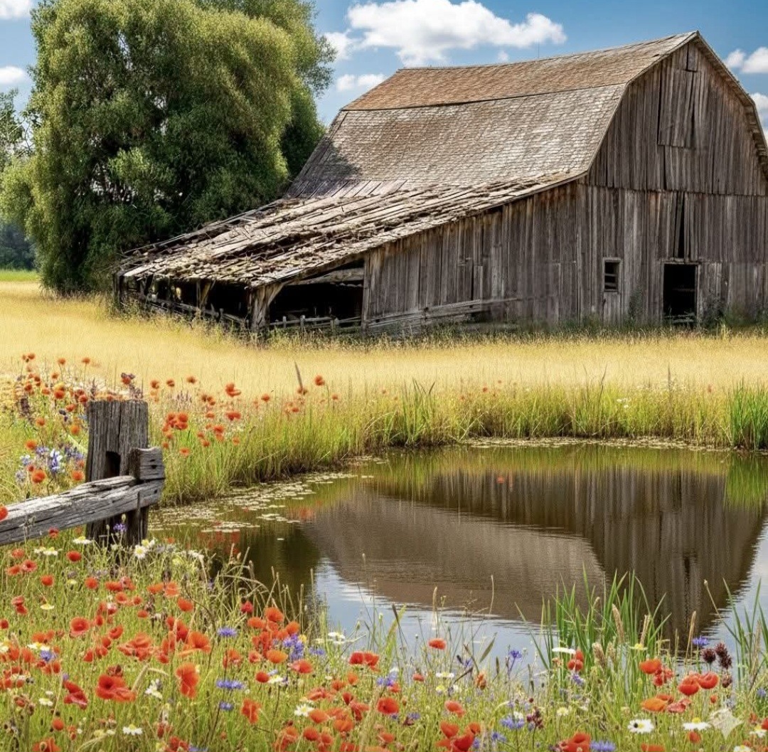 Old wooden barn by a pond with wildflowers and grass in a rural field