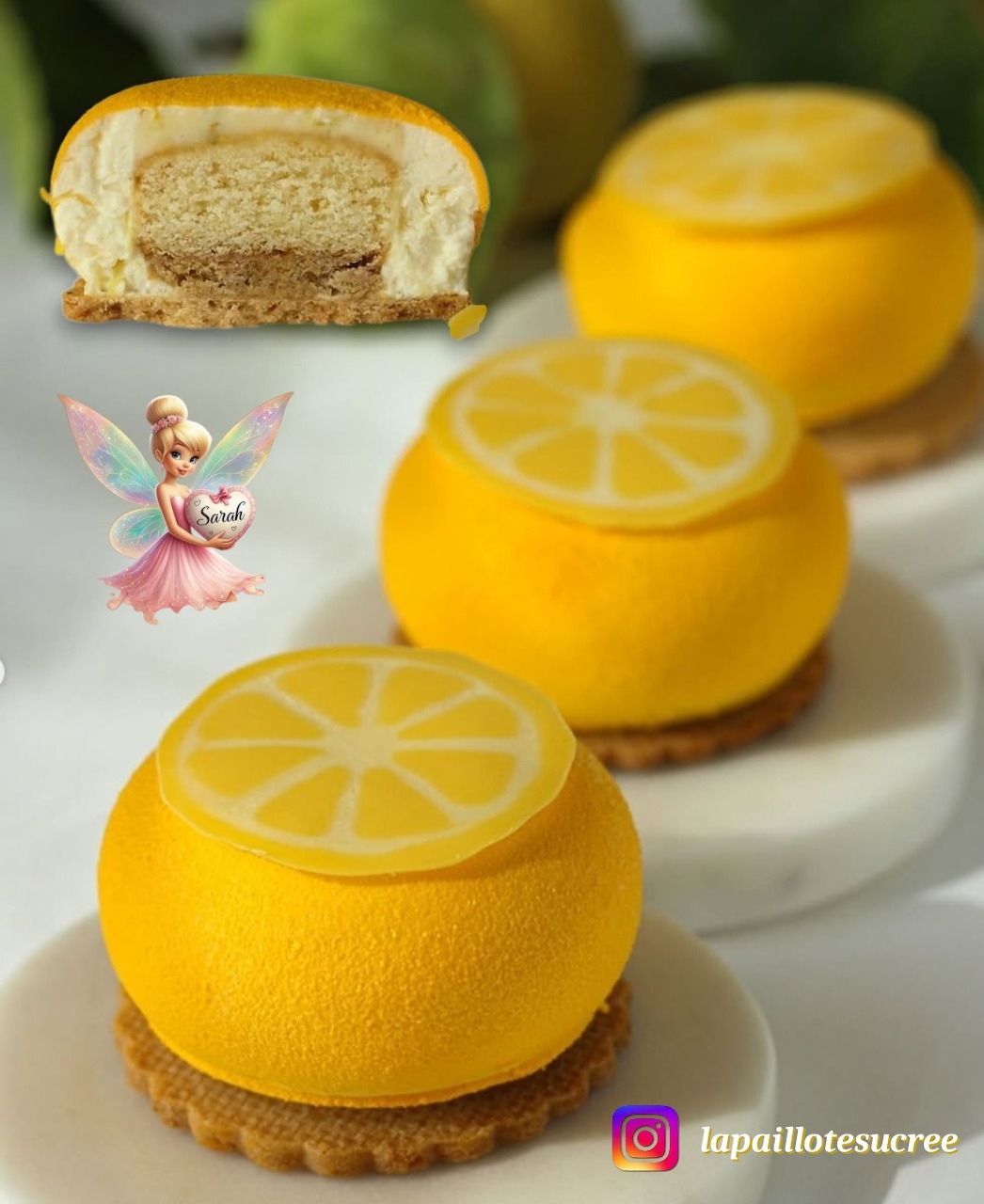 Three round yellow lemon mousse cakes on biscuit bases with lemon slice toppers and a fairy illustration