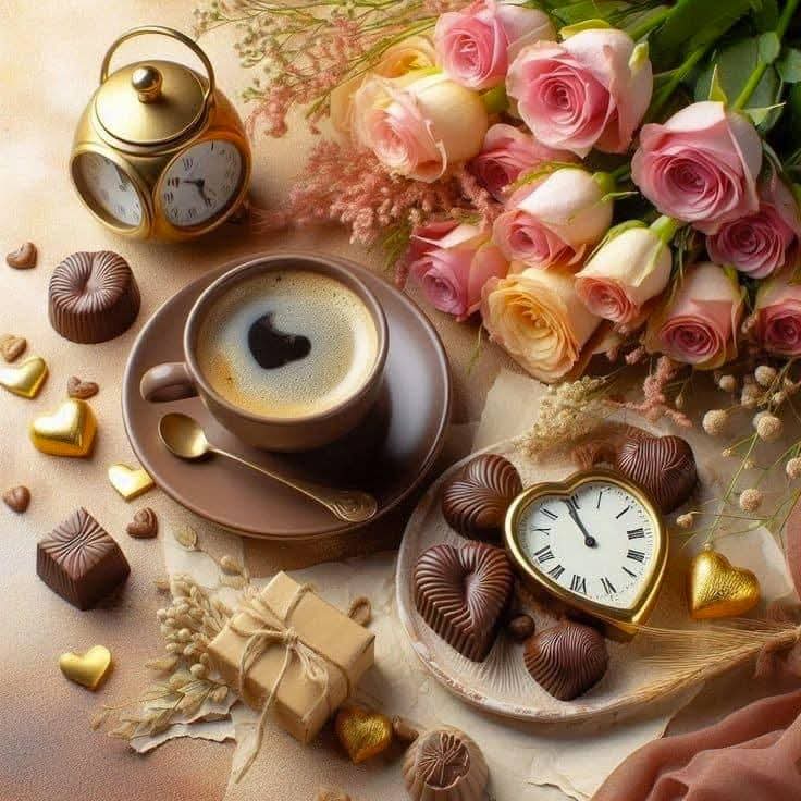 Coffee cup with latte art surrounded by pink roses, chocolates, and vintage alarm clock on decorative table