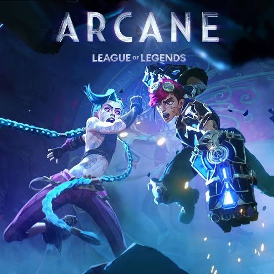 Arcane illustration of Jinx and Vi facing off in a blue and purple action scene