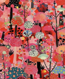 Colorful stylized floral garden with patterned flowers, black trees, and birds on coral background