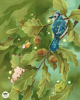 Illustration of a blue jay on an oak branch with acorns and cute tiny characters among green leaves