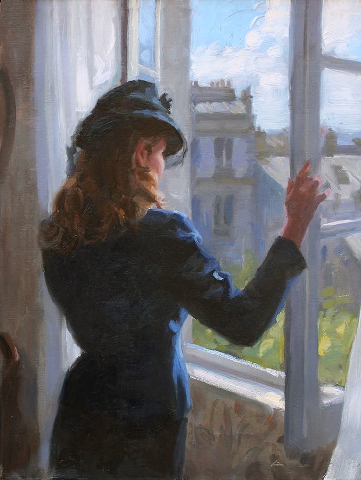 Painting of a woman in a dark dress and hat standing by an open window with a city view