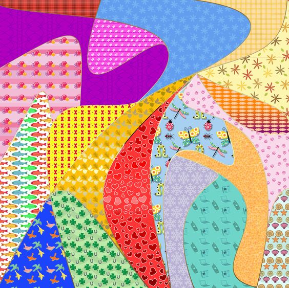 Abstract patchwork of colorful curved shapes with various patterns like dots, stripes, and florals