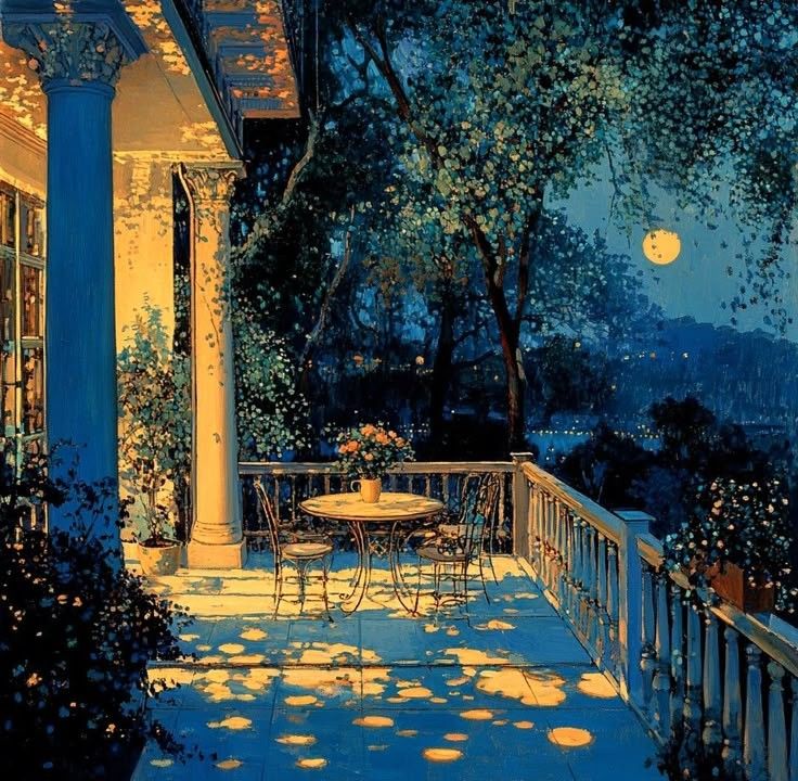 Moonlit veranda painting with white columns, table and chairs, and trees in blue and golden light