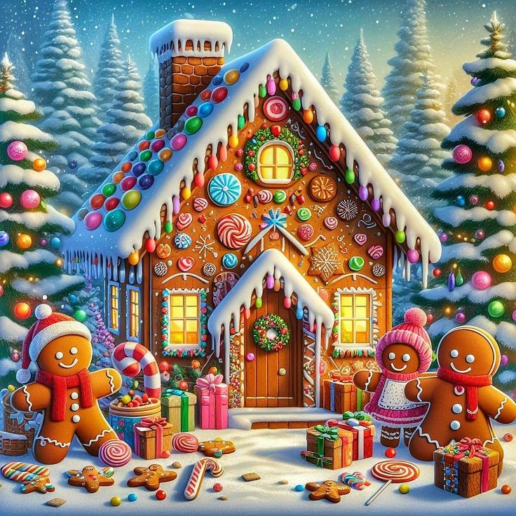 Decorated gingerbread house with gingerbread people, Christmas trees, presents, and candy in snow