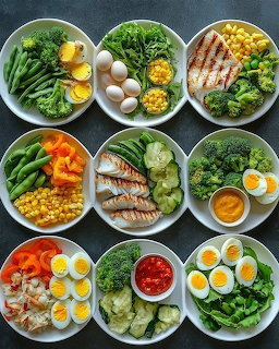 Nine white bowls with healthy meals including grilled chicken, hard-boiled eggs, vegetables, and greens