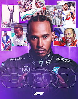 Collage of Lewis Hamilton celebrating 300 F1 races with multiple photos on purple background