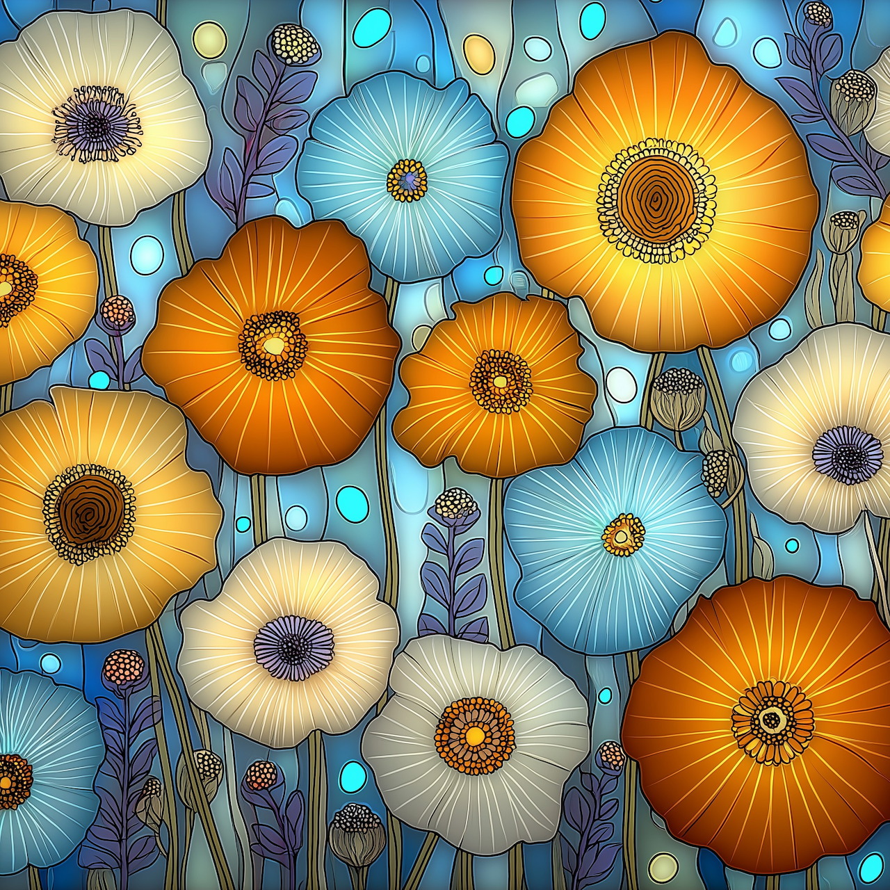 Illustrated floral pattern with orange, cream, and blue flowers on a blue background
