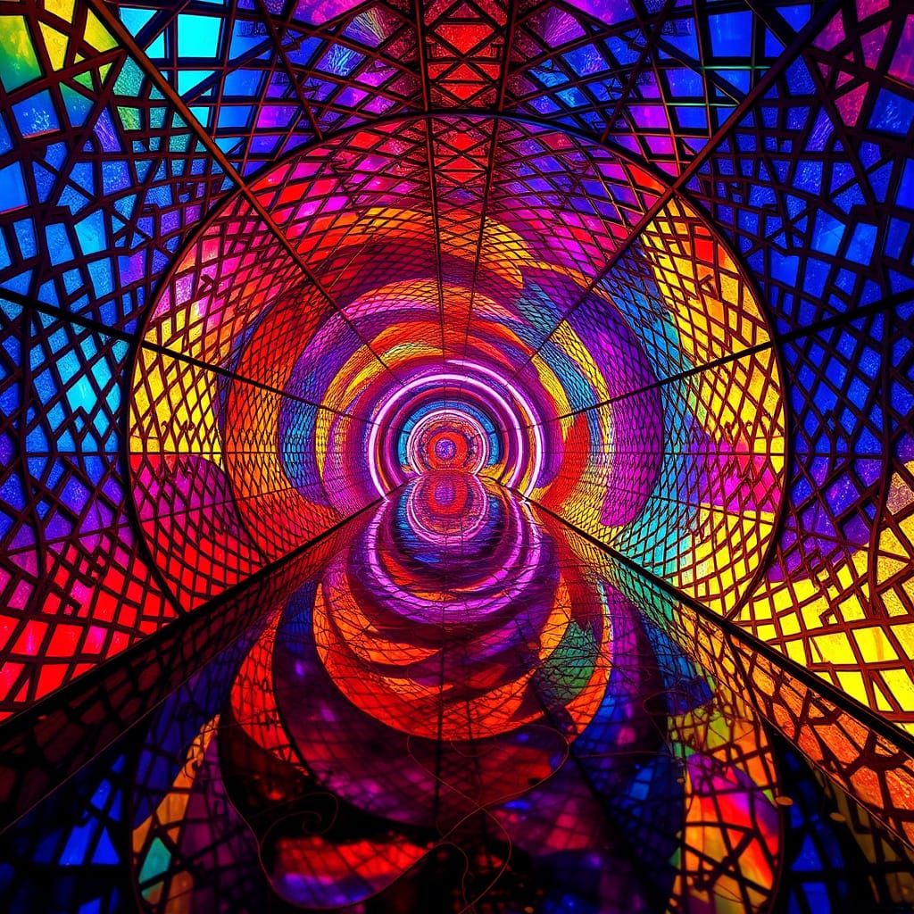 Abstract tunnel with rainbow stained glass mosaic patterns creating radial symmetry and perspective depth