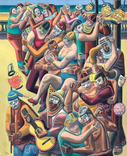 Colorful painting of crowded beach scene with stylized figures in swimwear enjoying food, drinks, and music