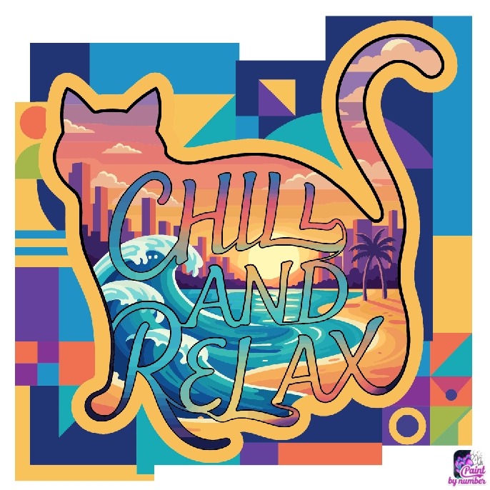 Colorful cat-shaped illustration with 'Chill and Relax' text over a sunset beach scene