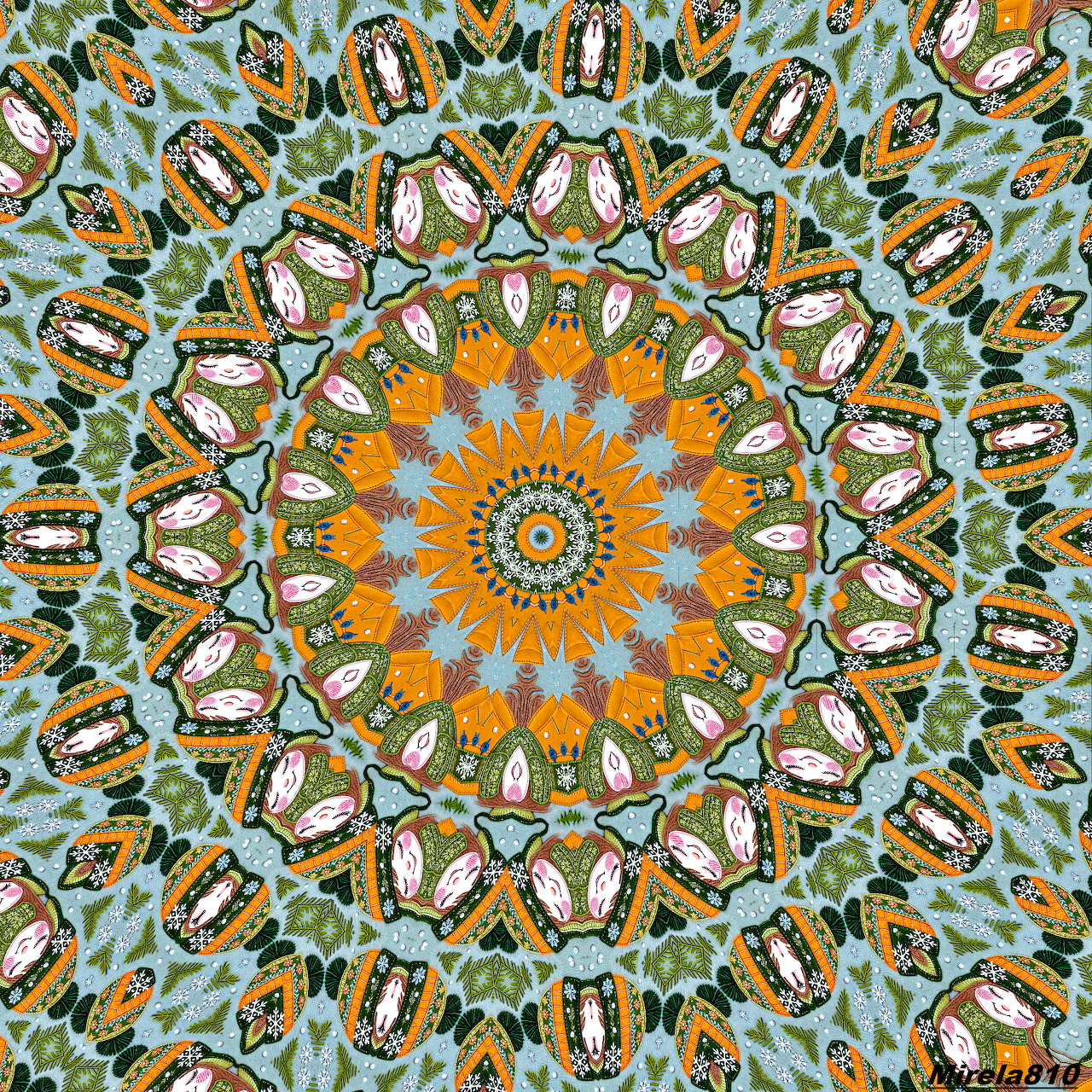 Colorful circular mandala with orange center and blue-green geometric patterns radiating outward in perfect symmetry