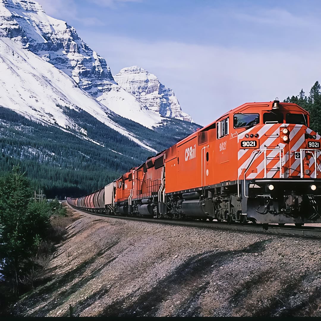 Orange freight train on a curved track below snowy mountains