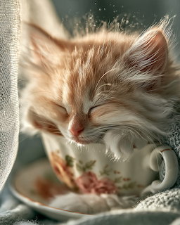 Sleepy ginger kitten curled up in a floral teacup beside soft fabric