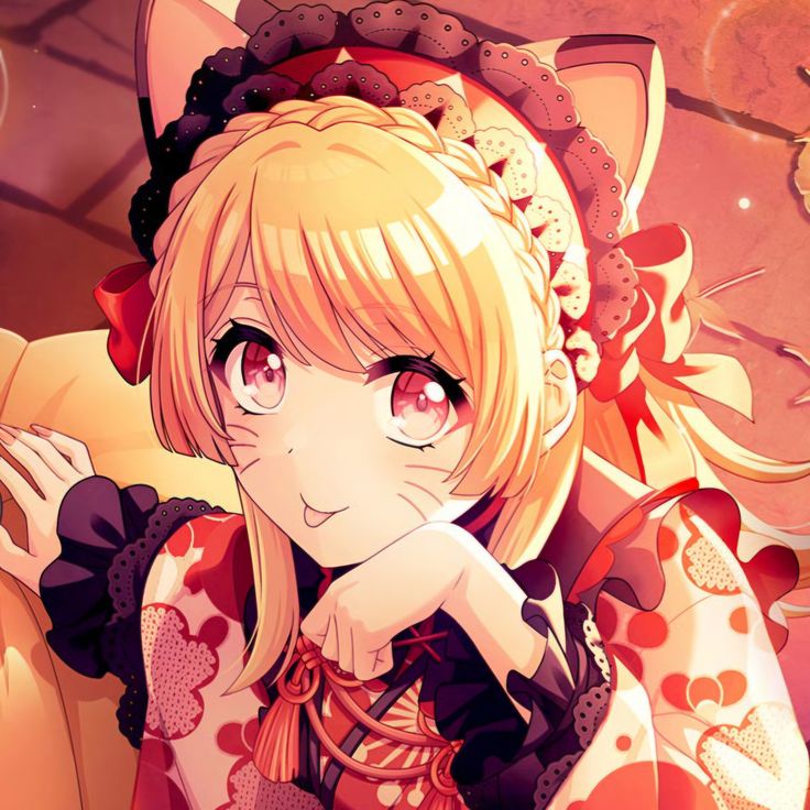 Anime girl with blonde bob hair, pink eyes, maid headband, and red dress with heart decorations