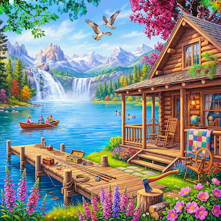 Mountain Lake Cabin Summer Scene
