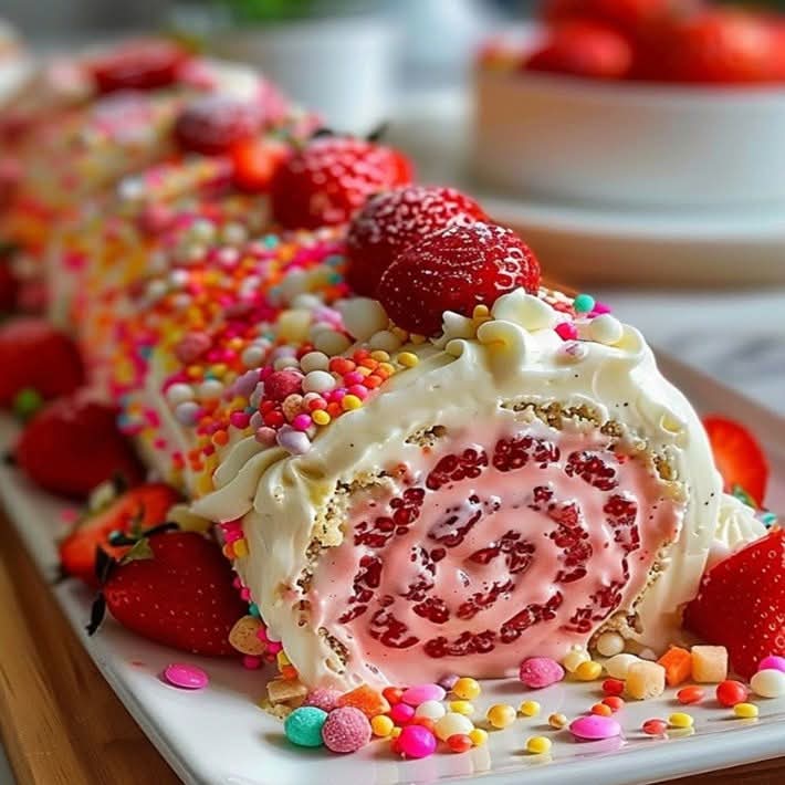 Sliced strawberry swiss roll cake with cream filling, fresh strawberries and colorful sprinkles on white plate