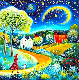Woman in red dress walking dog on country path at night with cottages, trees, moon and stars in folk art style
