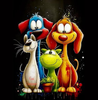 Four colorful cartoon animals with large eyes standing together on dark background