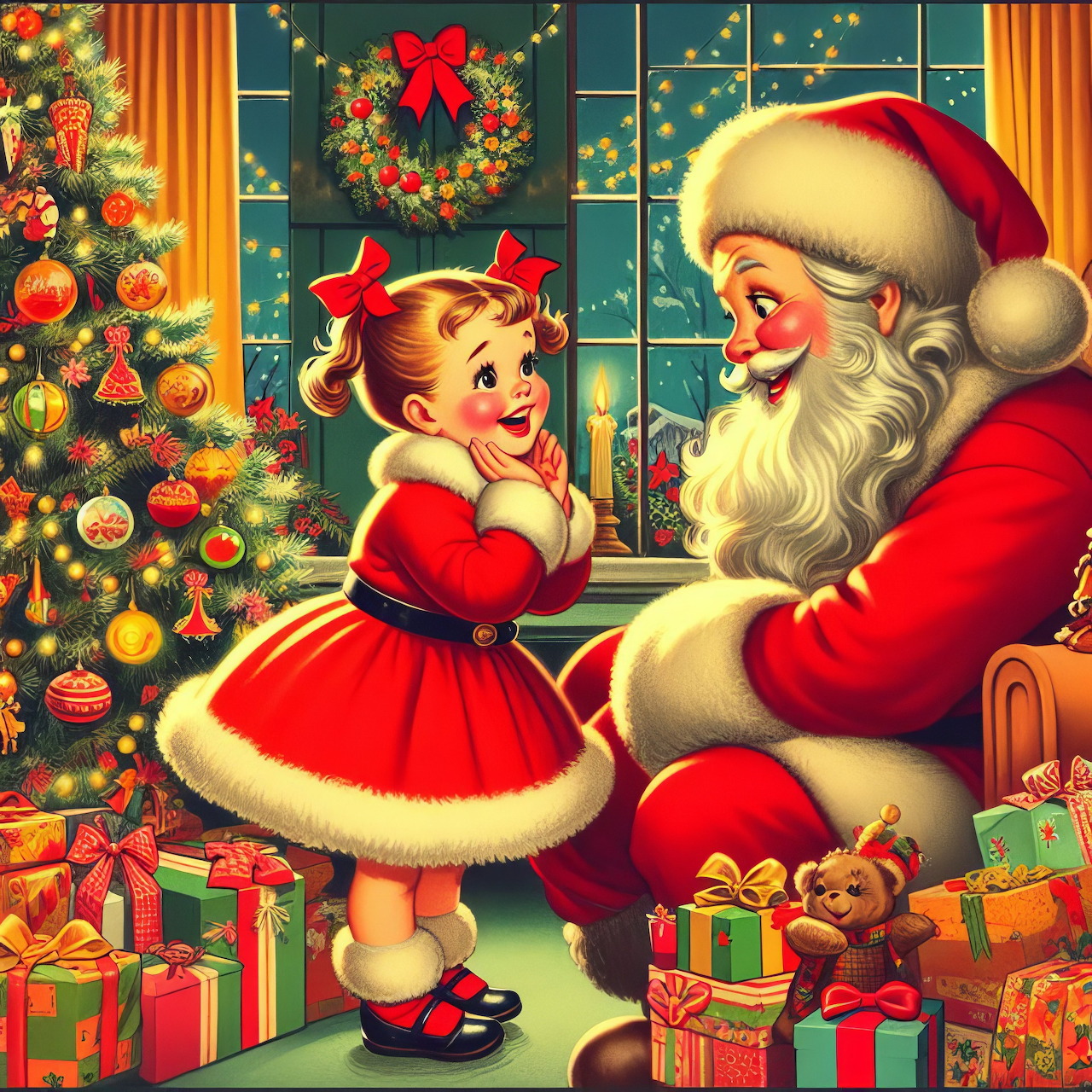 Girl Meeting Santa Claus at Christmas