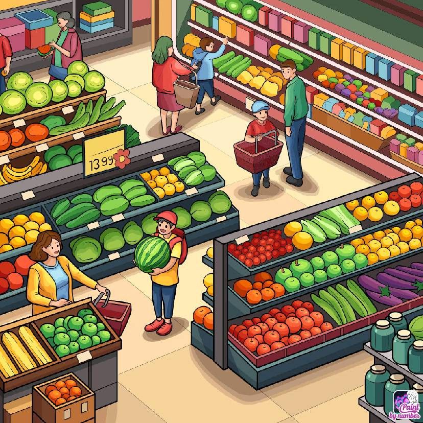 Cartoon grocery store scene with shoppers browsing produce aisles filled with fruits and vegetables