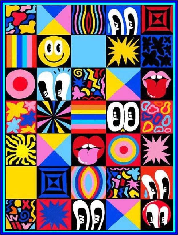 Pop art patchwork grid with smiley faces, eyes, geometric shapes, and bright colors in squares