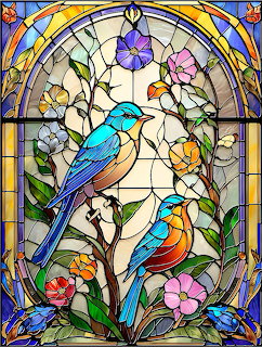 Stained Glass Bluebirds Flowers