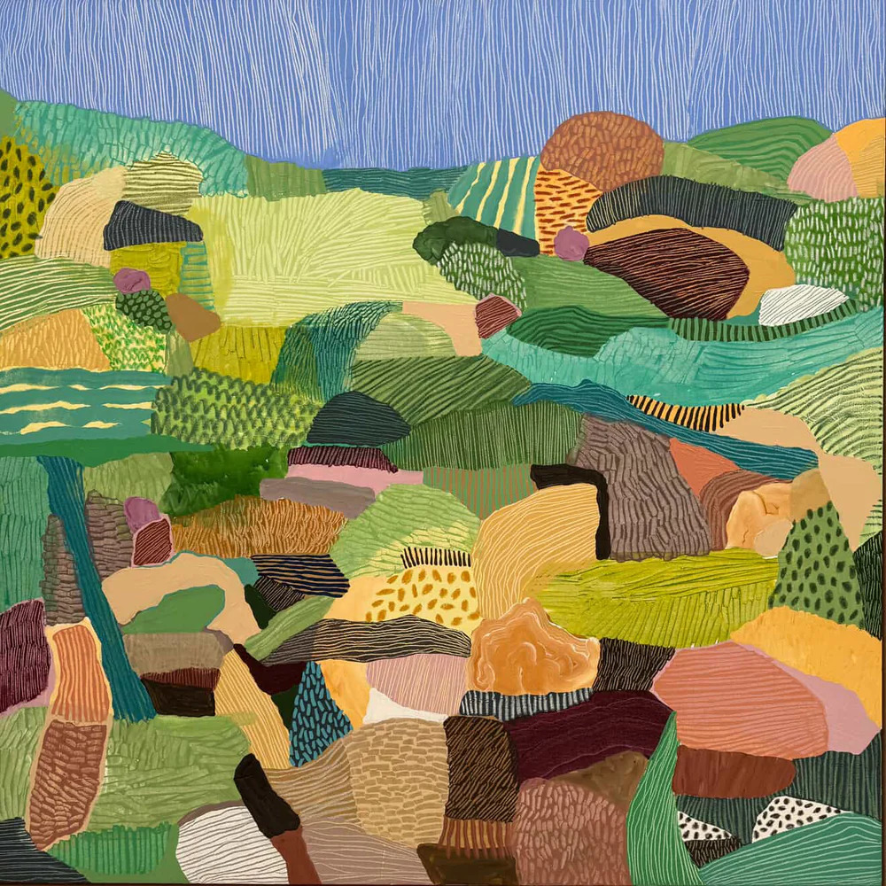 Abstract painting of colorful farmland with patterned hills and geometric shapes in greens, yellows, and blues