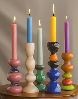 Six colorful painted wooden candlesticks with lit taper candles on a round table