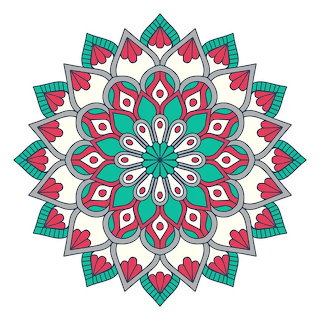 Colorful floral mandala pattern in teal, pink, gray, and white on a white background