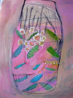 Painting of a glass terrarium jar with colorful leaves and white daisies on a pink background