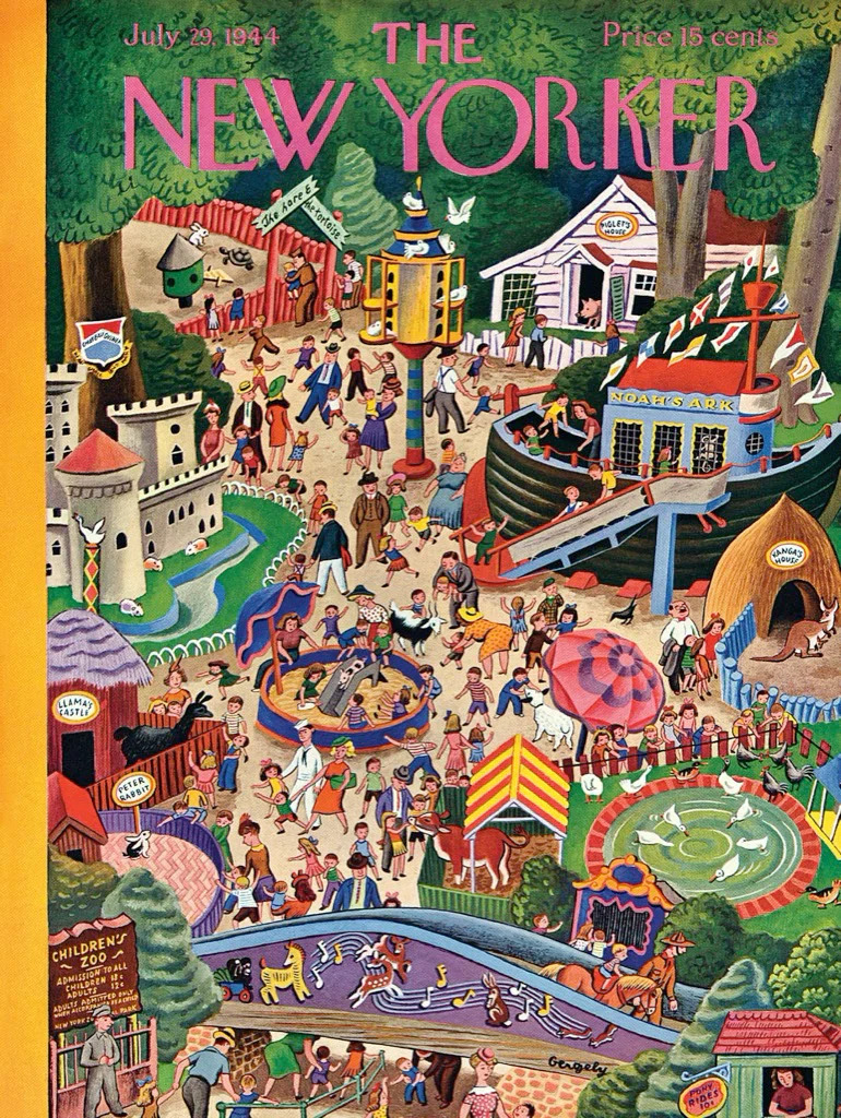 Illustrated New Yorker magazine cover showing busy colorful neighborhood scene with people and buildings from above