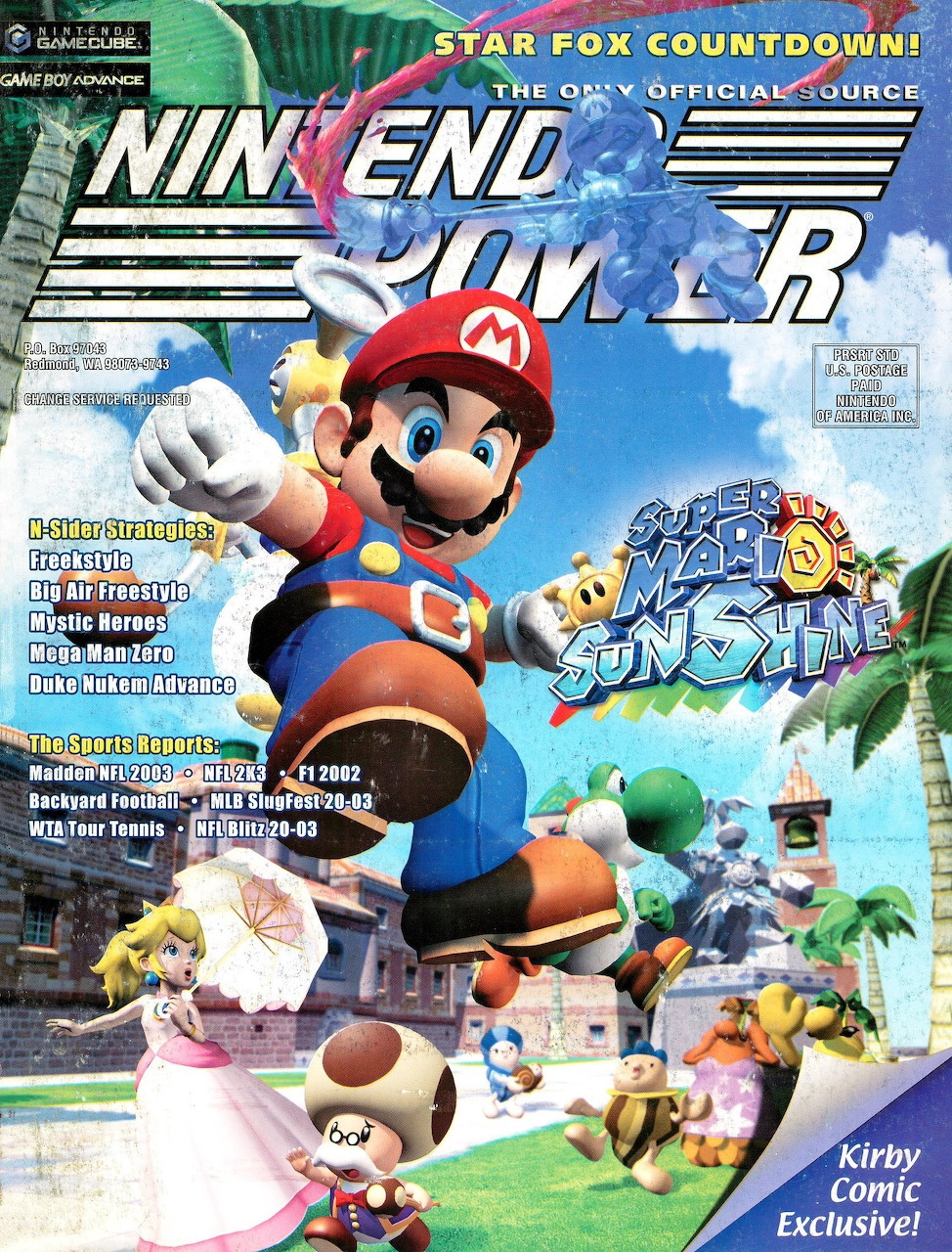 Nintendo Power magazine cover showing Super Mario Sunshine characters including Mario, Princess Peach, and Yoshi