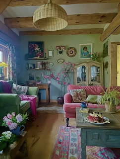 Cozy cottage living room with pink and green sofas, wooden ceiling beams, and eclectic vintage decor