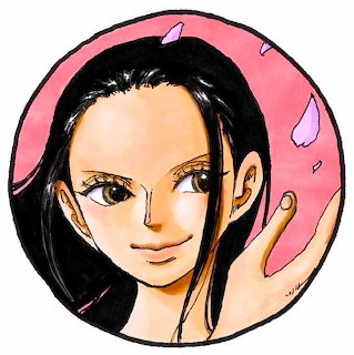 Anime character with long black hair and gentle expression against pink background