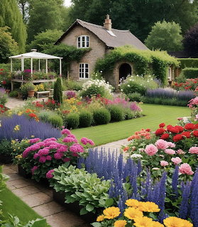 Thatched cottage with colorful flowering garden beds and green lawn