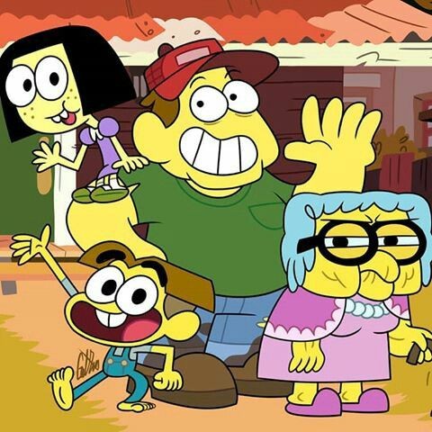 Four colorful cartoon characters standing together indoors