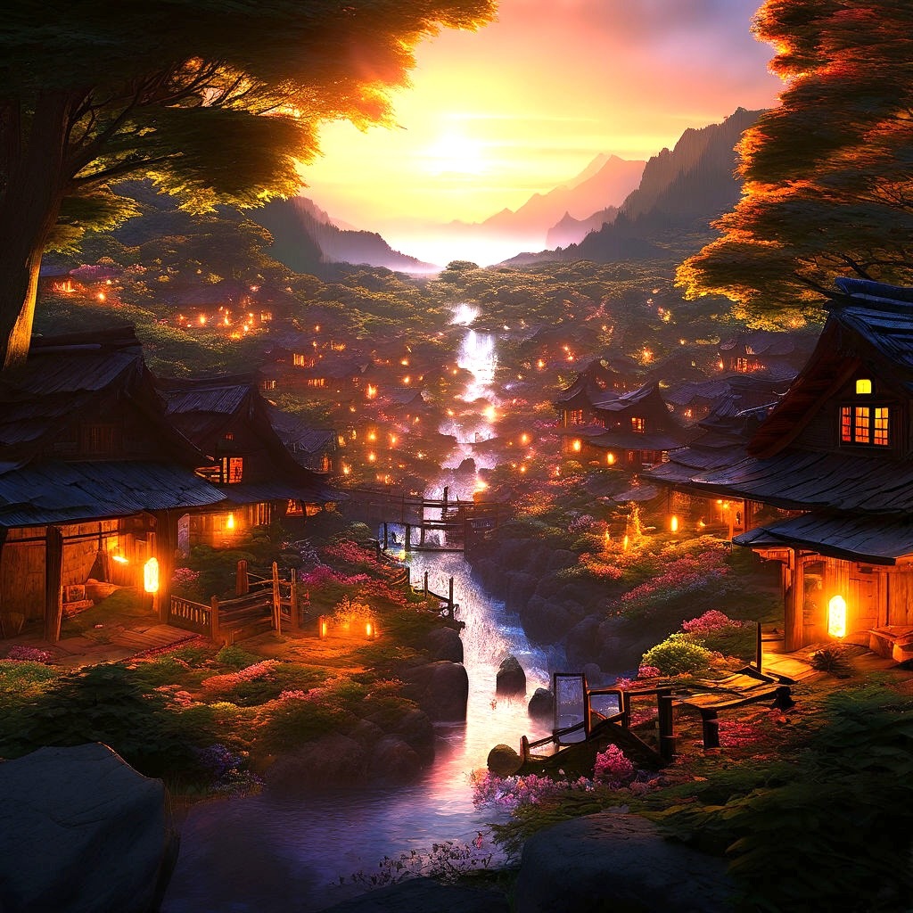 Rustic mountain village at dusk with lit cottages along a stream under dramatic sunset sky