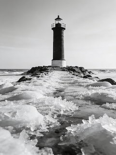 Black-and-white lighthouse on a rocky pier with frozen water and ice in winter