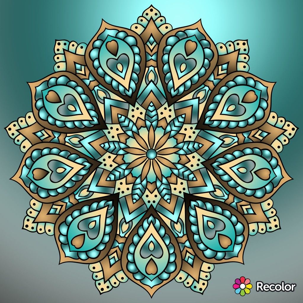 Ornate mandala with turquoise and cream petals in radial symmetry on teal background