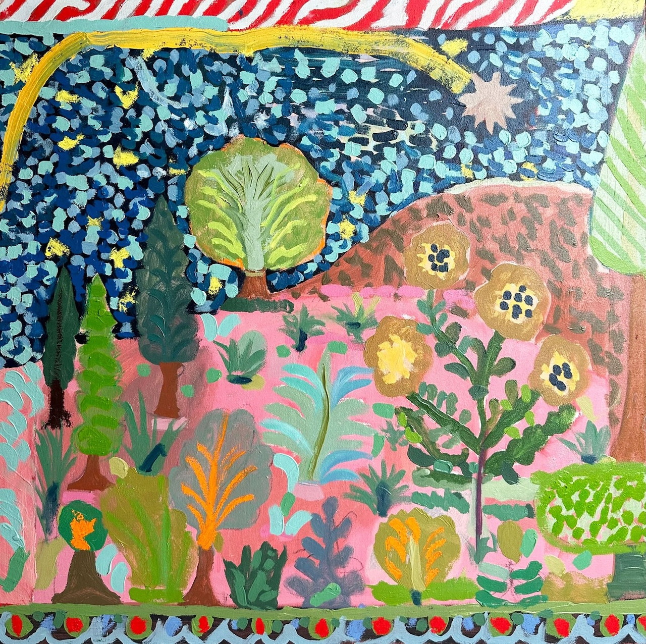 Naive folk art painting with colorful stylized landscape, trees, flowers and decorative patterns