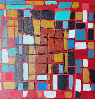 Abstract geometric painting with colorful rectangles and squares divided by black grid lines