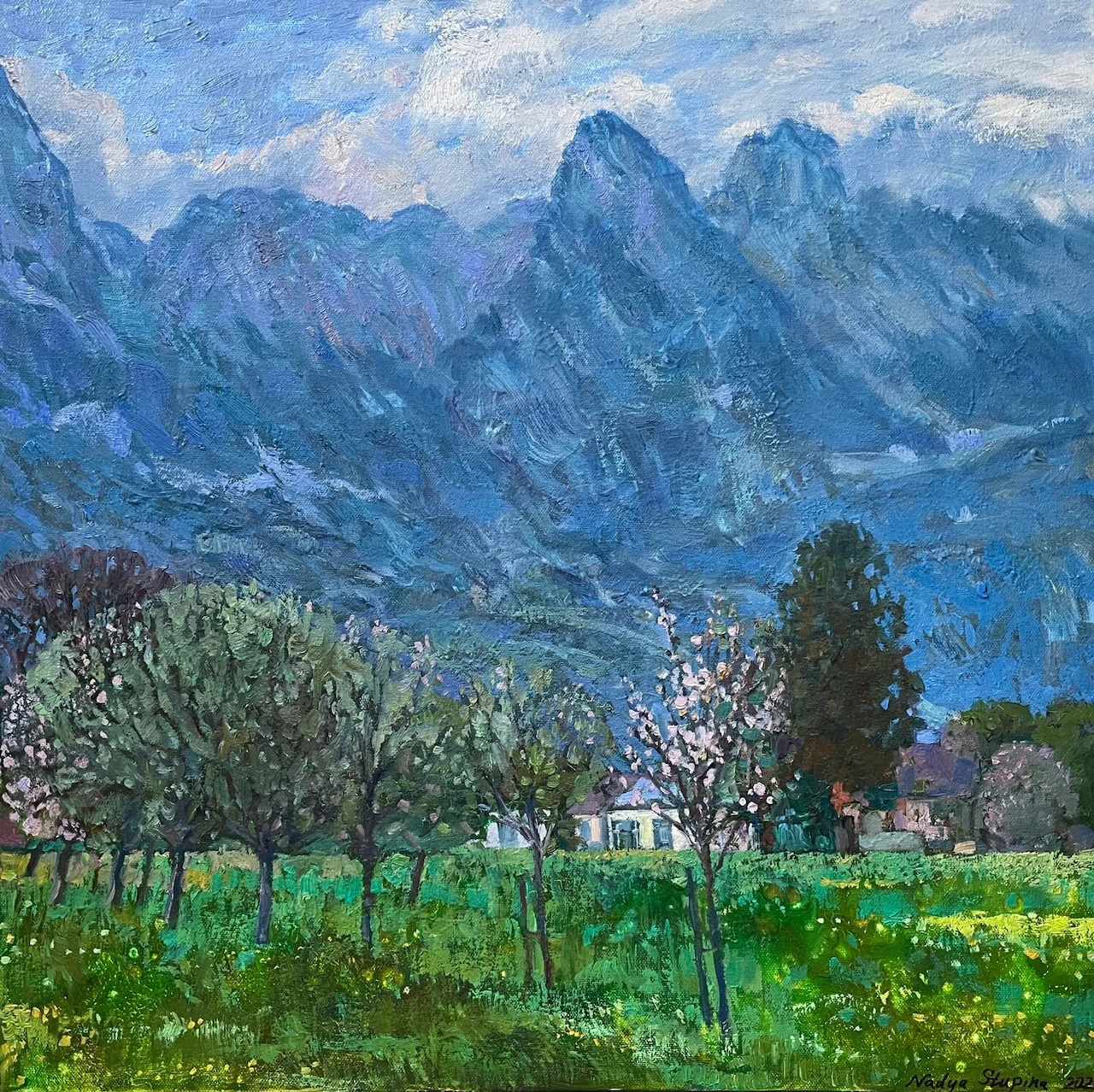 Impressionist painting of spring meadow with blooming trees and Alpine mountains under cloudy sky