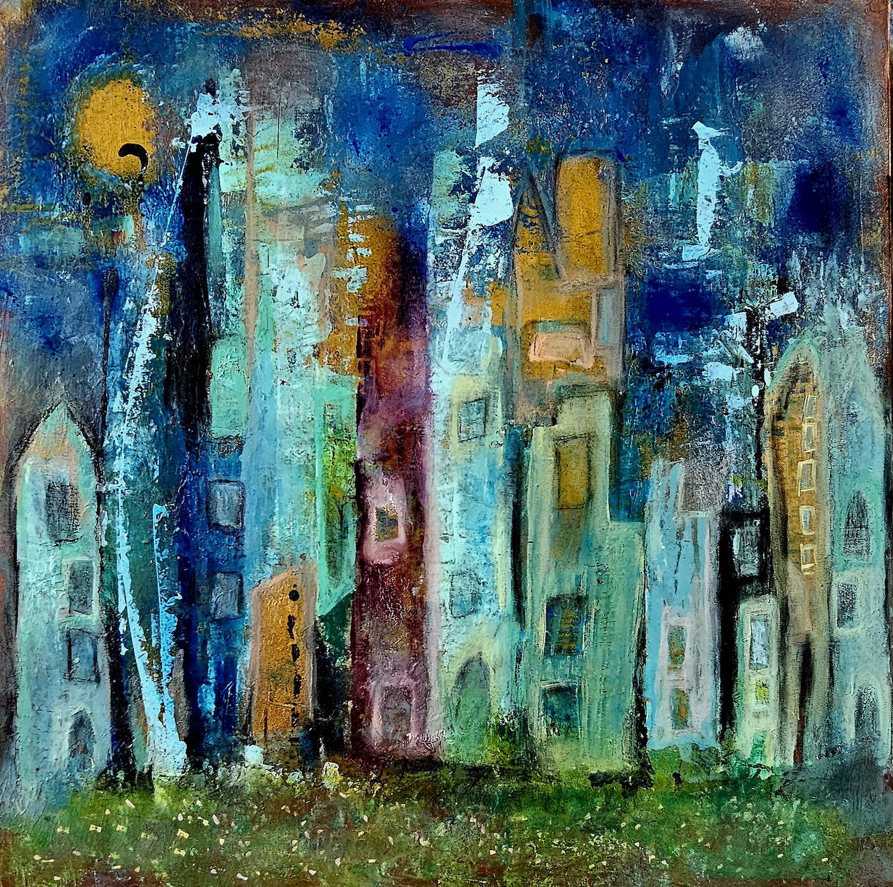 Abstract painting of tall colorful buildings in blue, yellow and orange with textured paint and loose brushstrokes