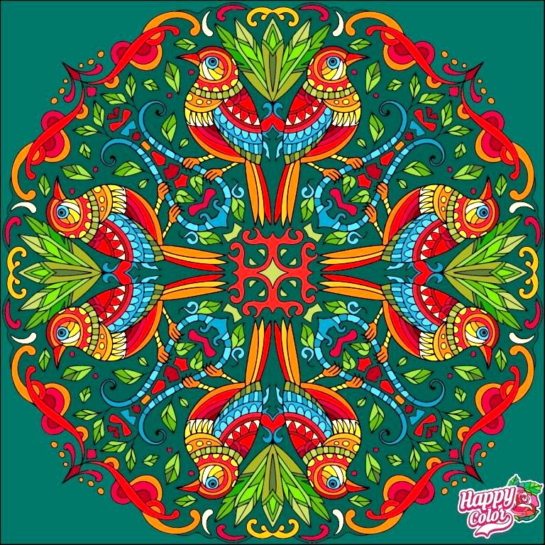 Colorful bird mandala with six stylized birds and floral patterns on a teal background