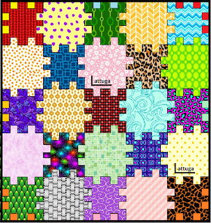 Colorful patchwork pattern of interlocking squares with assorted prints and textures