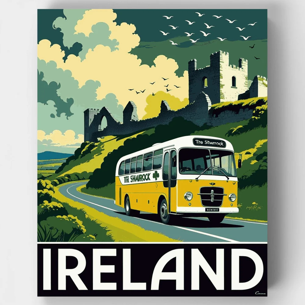 Vintage-style poster of a yellow bus on a winding road below stone ruins in green Irish hills