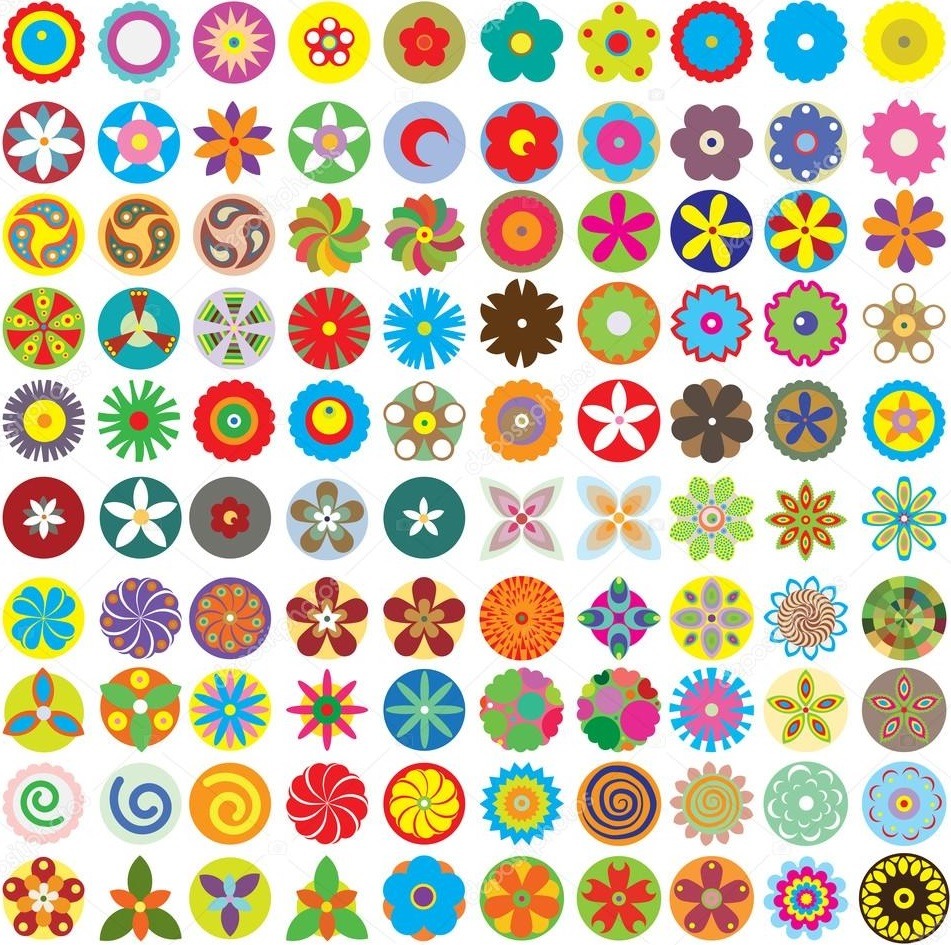 Grid of 100 colorful circular patterns with flowers, stars, and geometric designs in bright colors