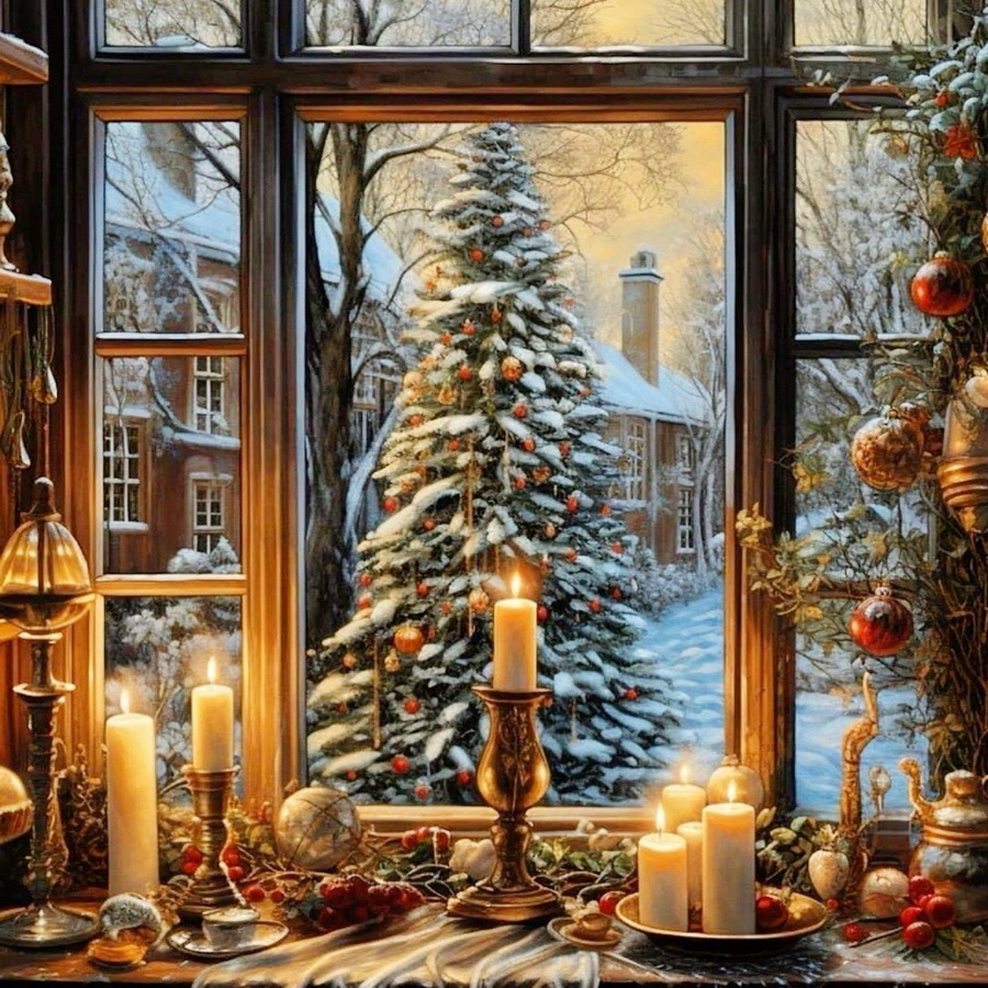 Christmas window with illuminated snowy tree, candles, ornaments, and winter village view